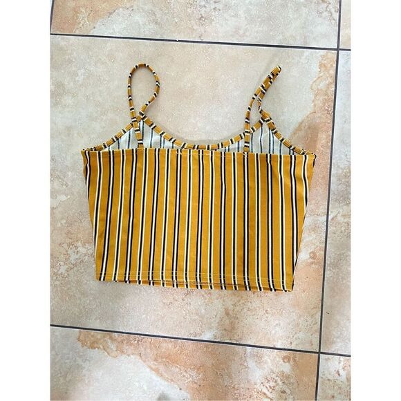 Lemite Korean Fashion Boho Mustard Yellow Striped Crop Tank Top S - Picture 2 of 5